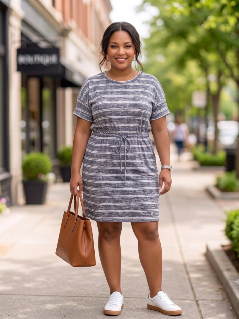 Blue and White Striped Knit Tee Dress